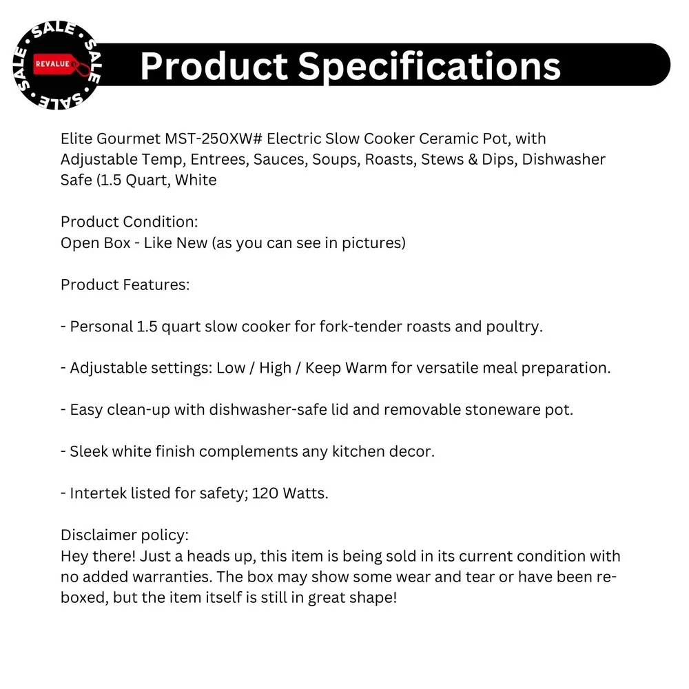 Elite Gourmet MST-250XW# Electric Slow Cooker Ceramic Pot Adjustable Temp 1.5Qua